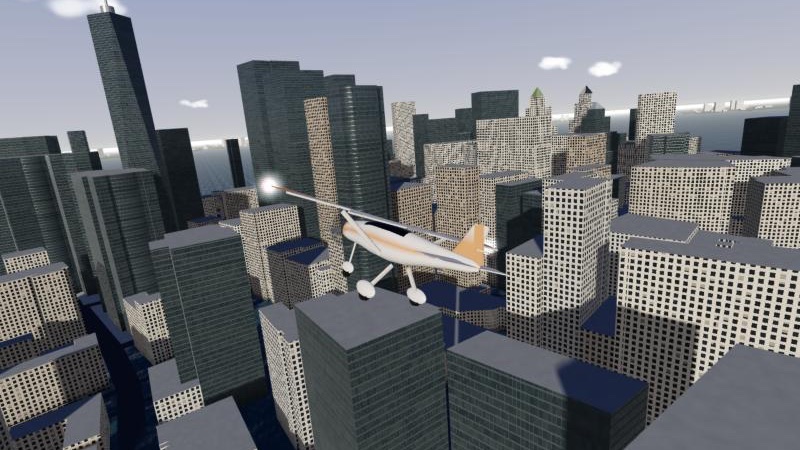 A small plane banking between the Financial District towers
