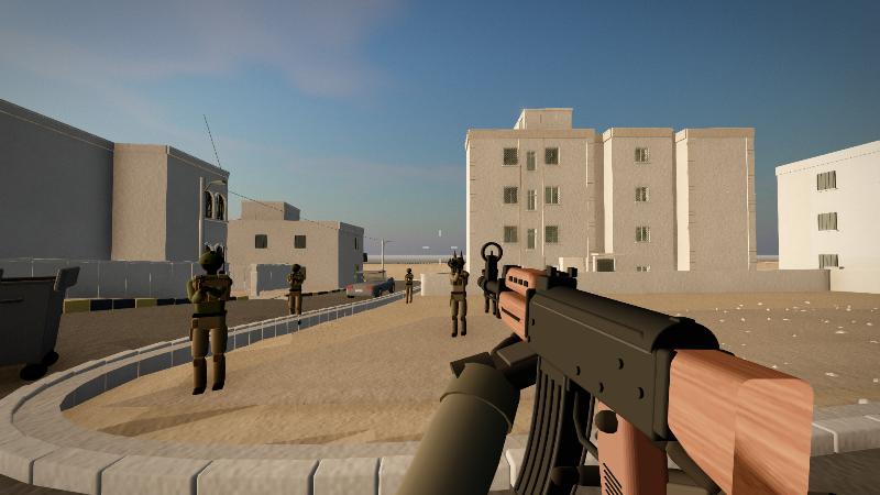 Riflemen and an RPG gunner advancing across a Zarqa street at golden hour, seen over an AK-47